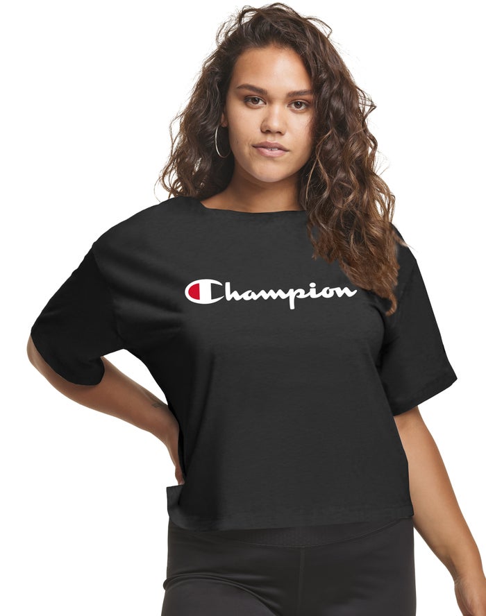 Champion Plus Cropped Script C Logo Kadın Tişört Siyah ( TPVKCN560 )